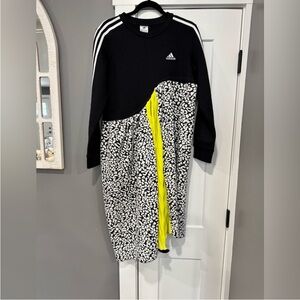 adidas Black, White & Neon Yellow Leopard Print Sweatshirt Dress